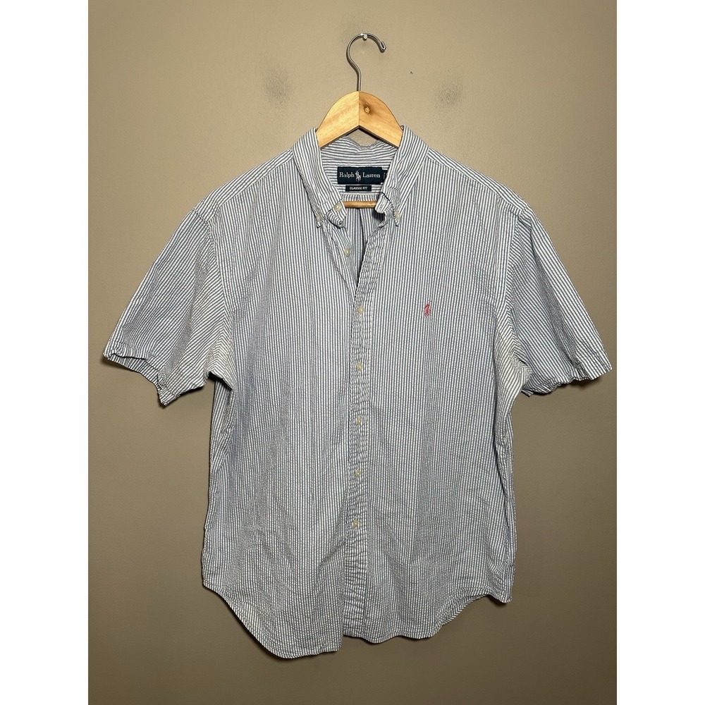 Polo Ralph Lauren Shirt Mens Classic Fit Seersucker Stripe Blue Pink Pony Large - Picture 2 of 6